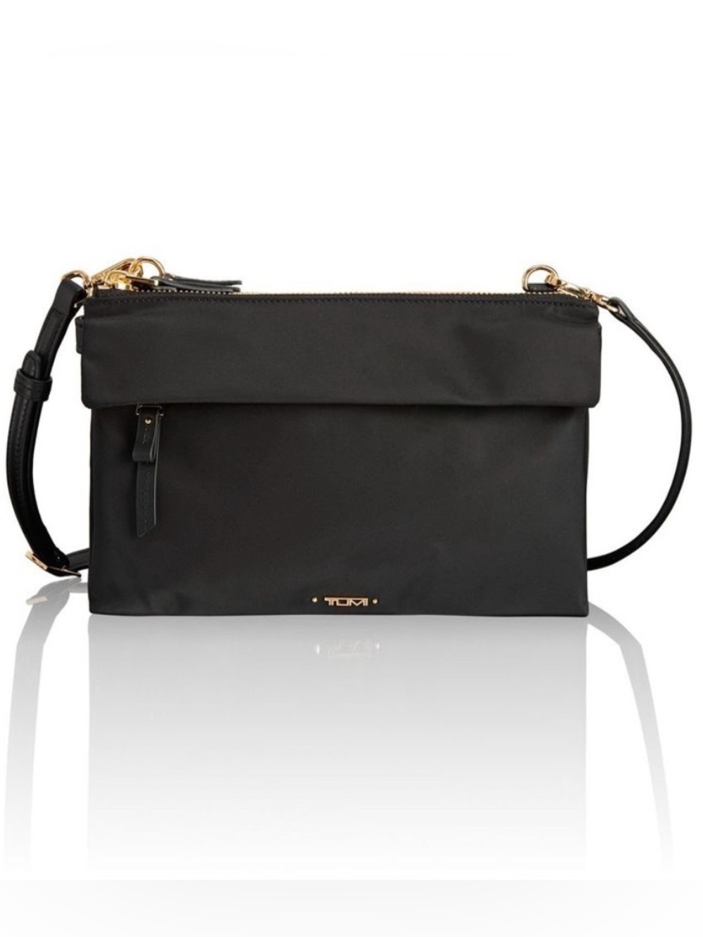 Tumi black Tristen voyager travel pouch crossbody adjustable gold zip purse bag
